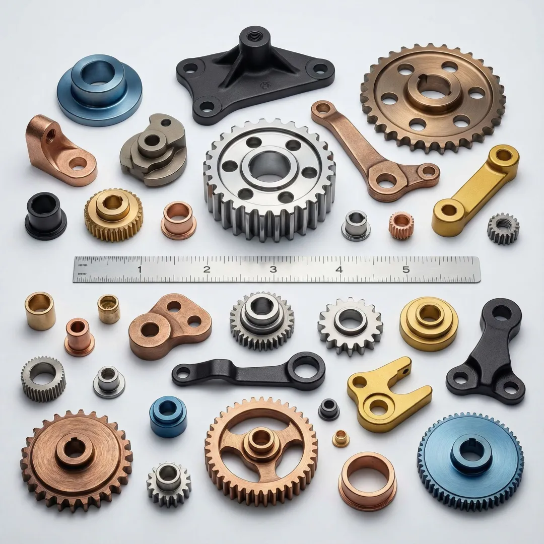 Precision powder metal components showing complex geometries and surface finishes