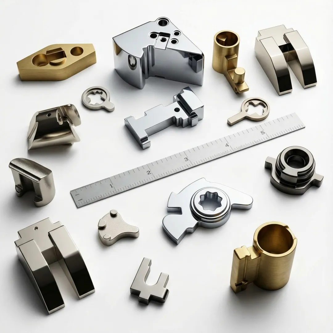 Precision metal components showing various plating finishes and surface treatments