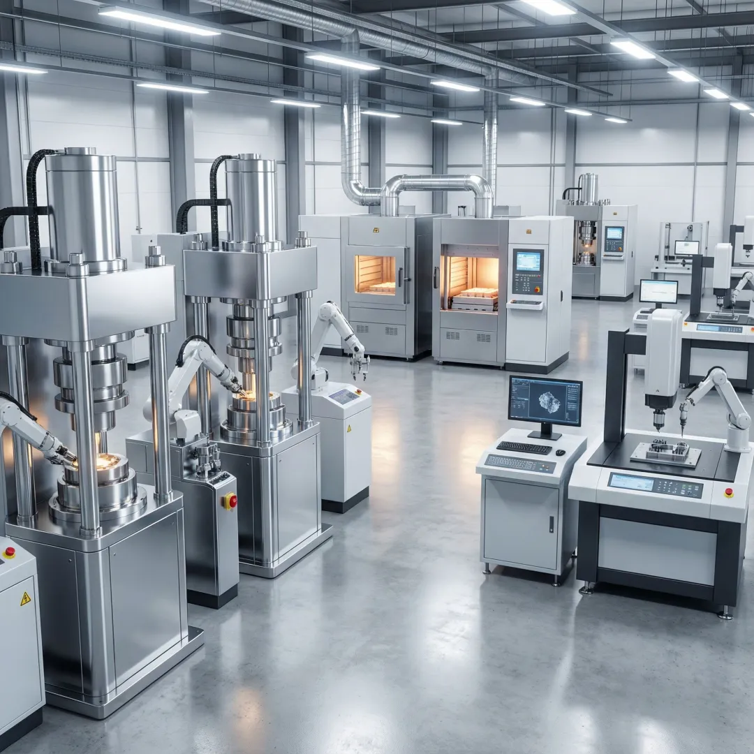 Step-by-step powder metal manufacturing process in industrial facility