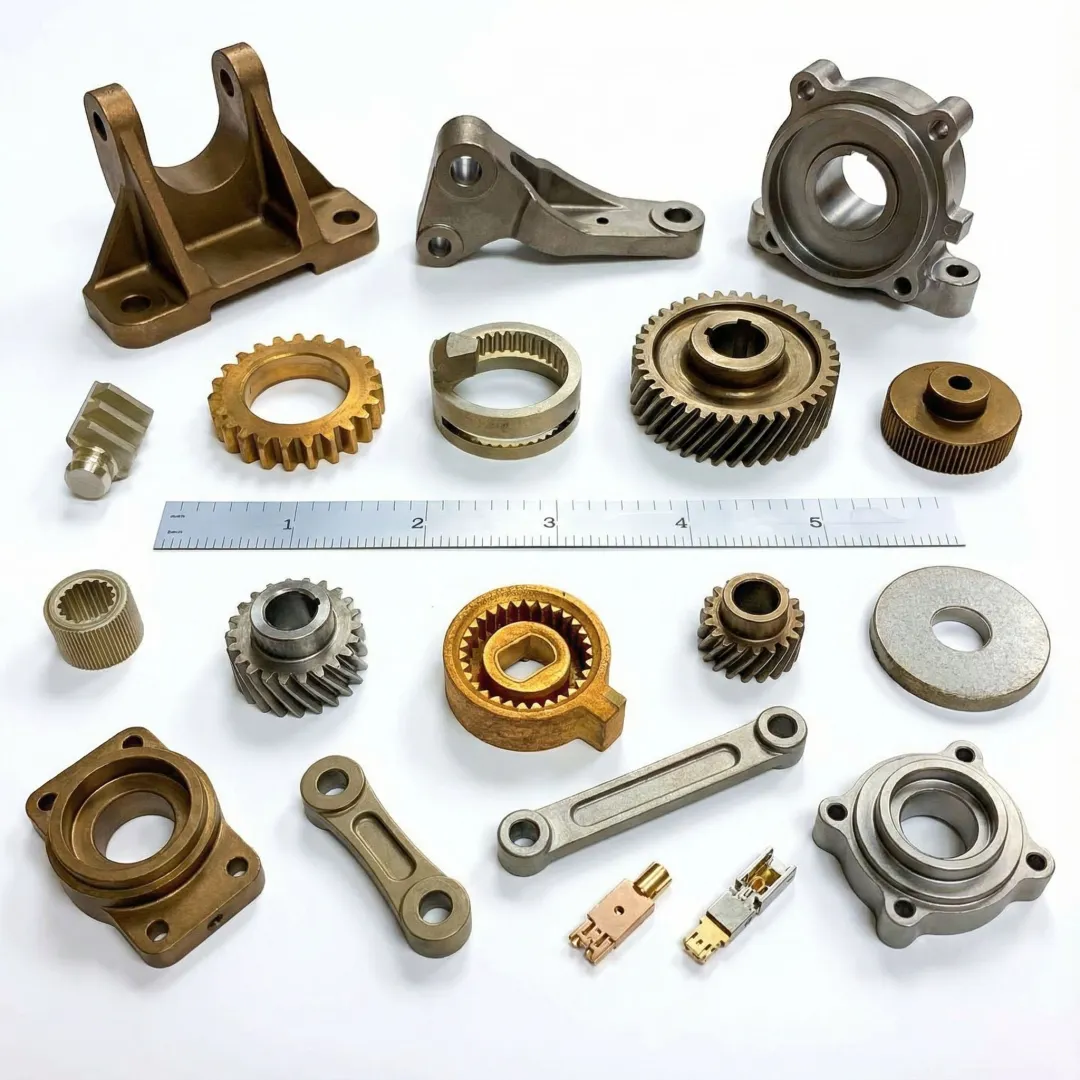 Precision powder metal components showcasing complex geometries and fine detail