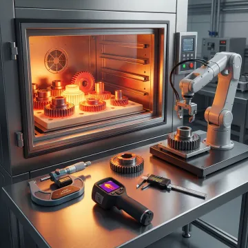 Precision steel components undergoing heat treatment process with quality control inspection