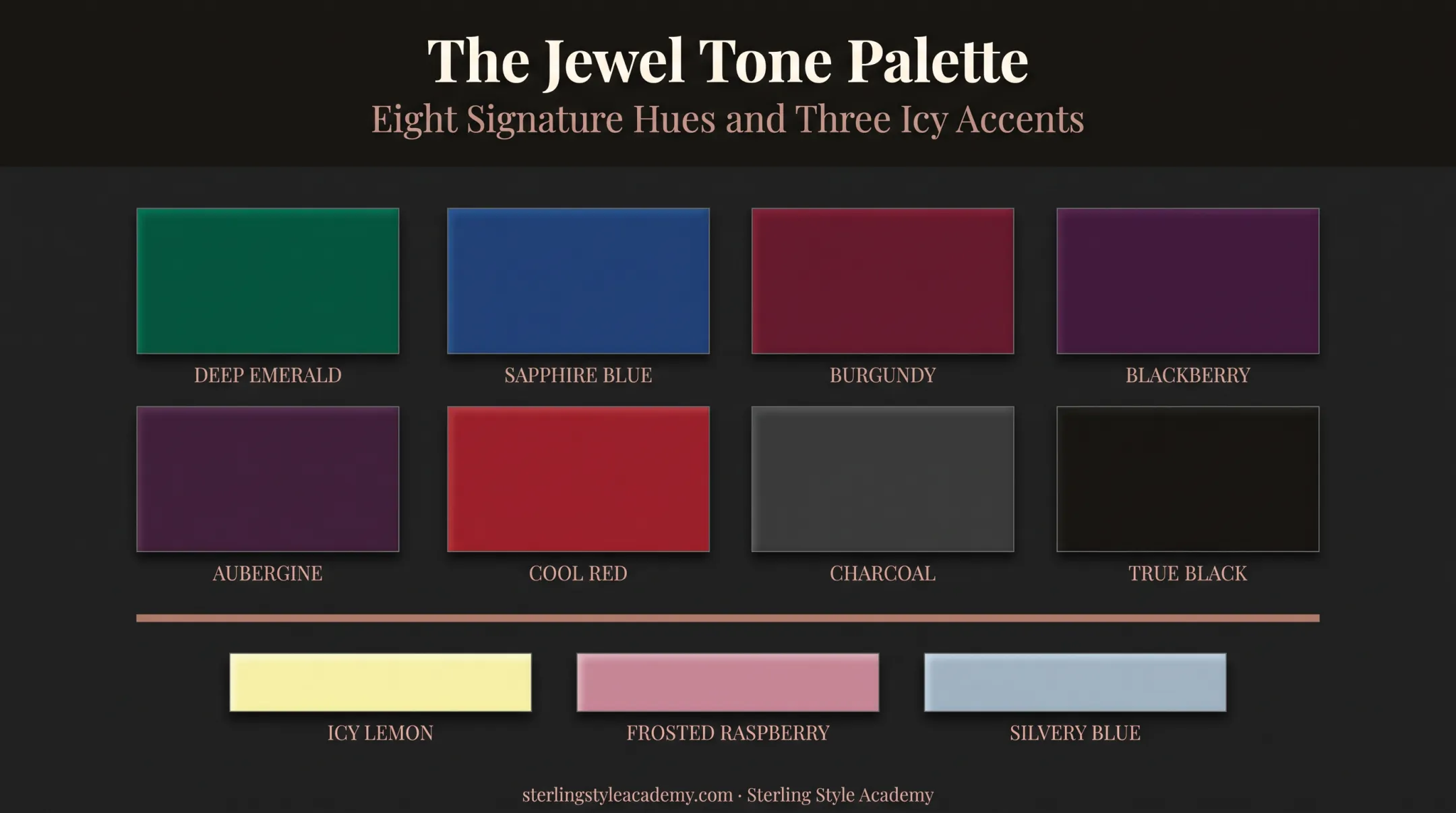 Dark Winter hero color palette swatches including emerald sapphire and burgundy