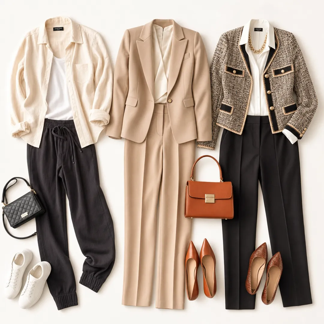 three coordinated outfit options laid out for photoshoot planning