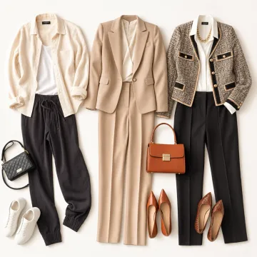 three coordinated outfit options laid out for photoshoot planning