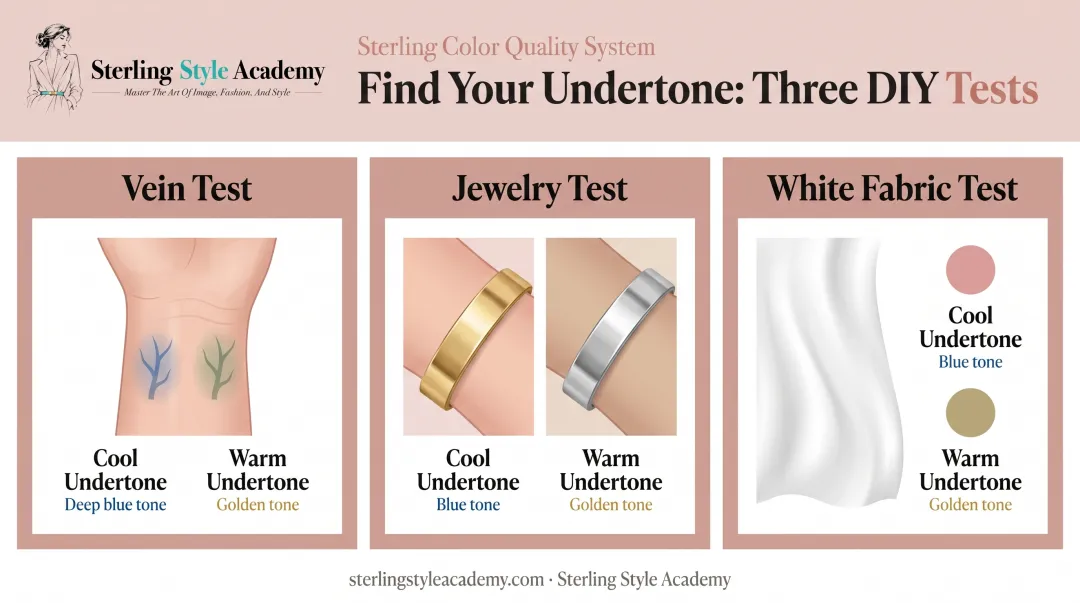 Three home undertone tests vein jewelry white fabric comparison
