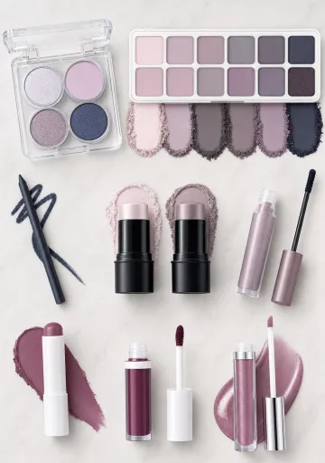 Cool-toned makeup products including blush lipstick and eyeliner for Summer skin