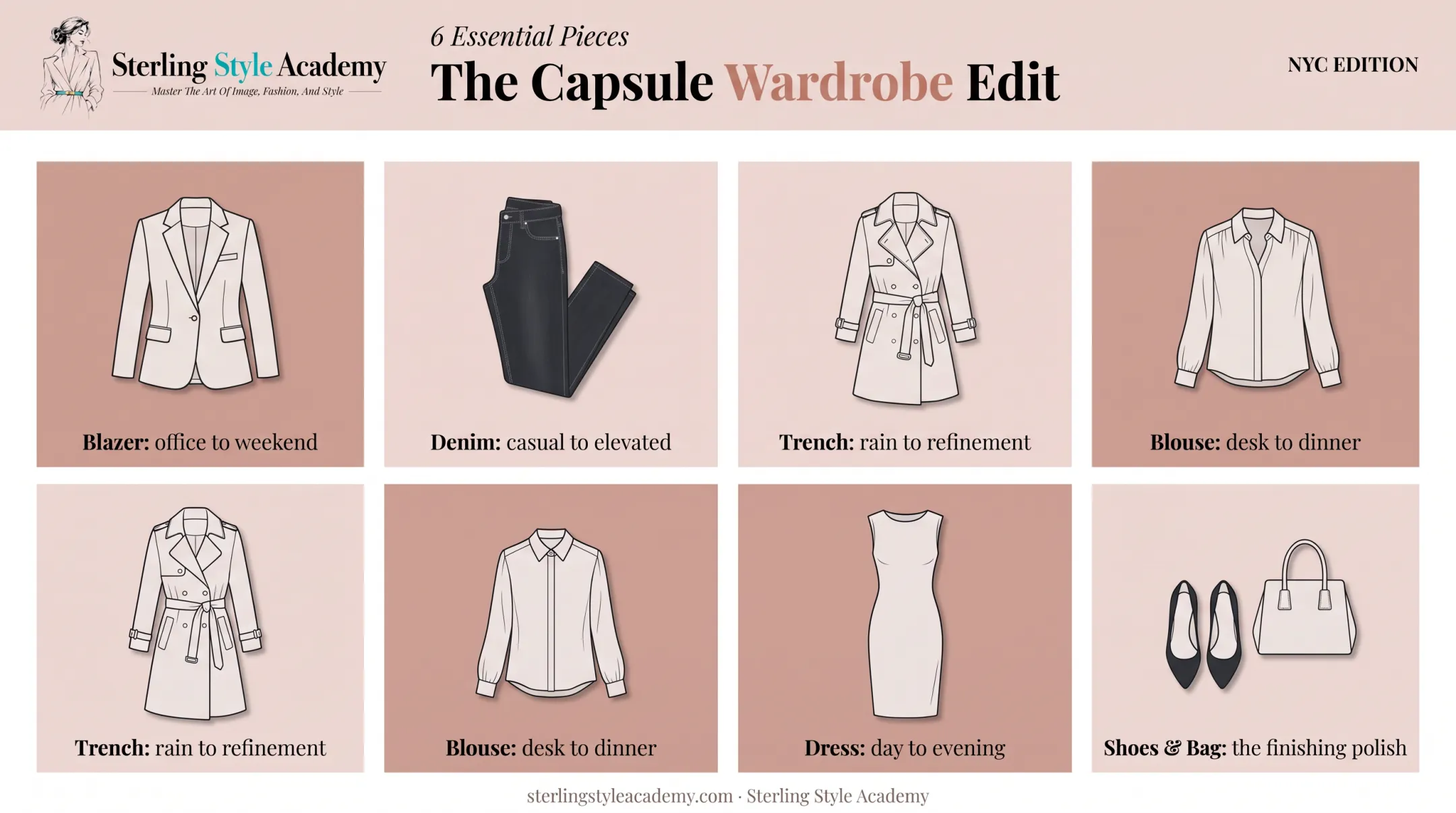Six core NYC capsule wardrobe essential pieces flat lay diagram