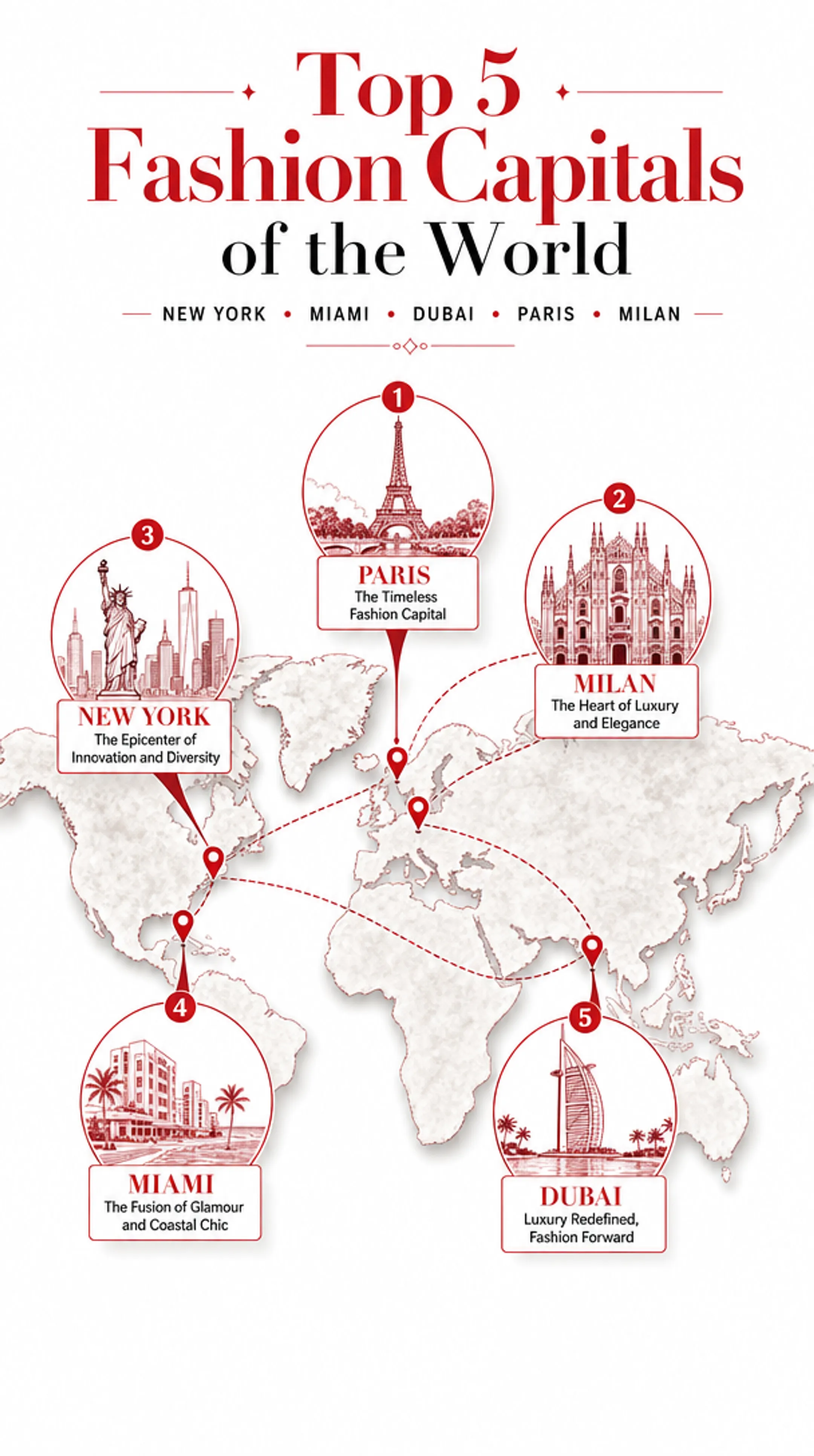 Fashion capitals map highlighting Paris Milan New York Dubai Miami