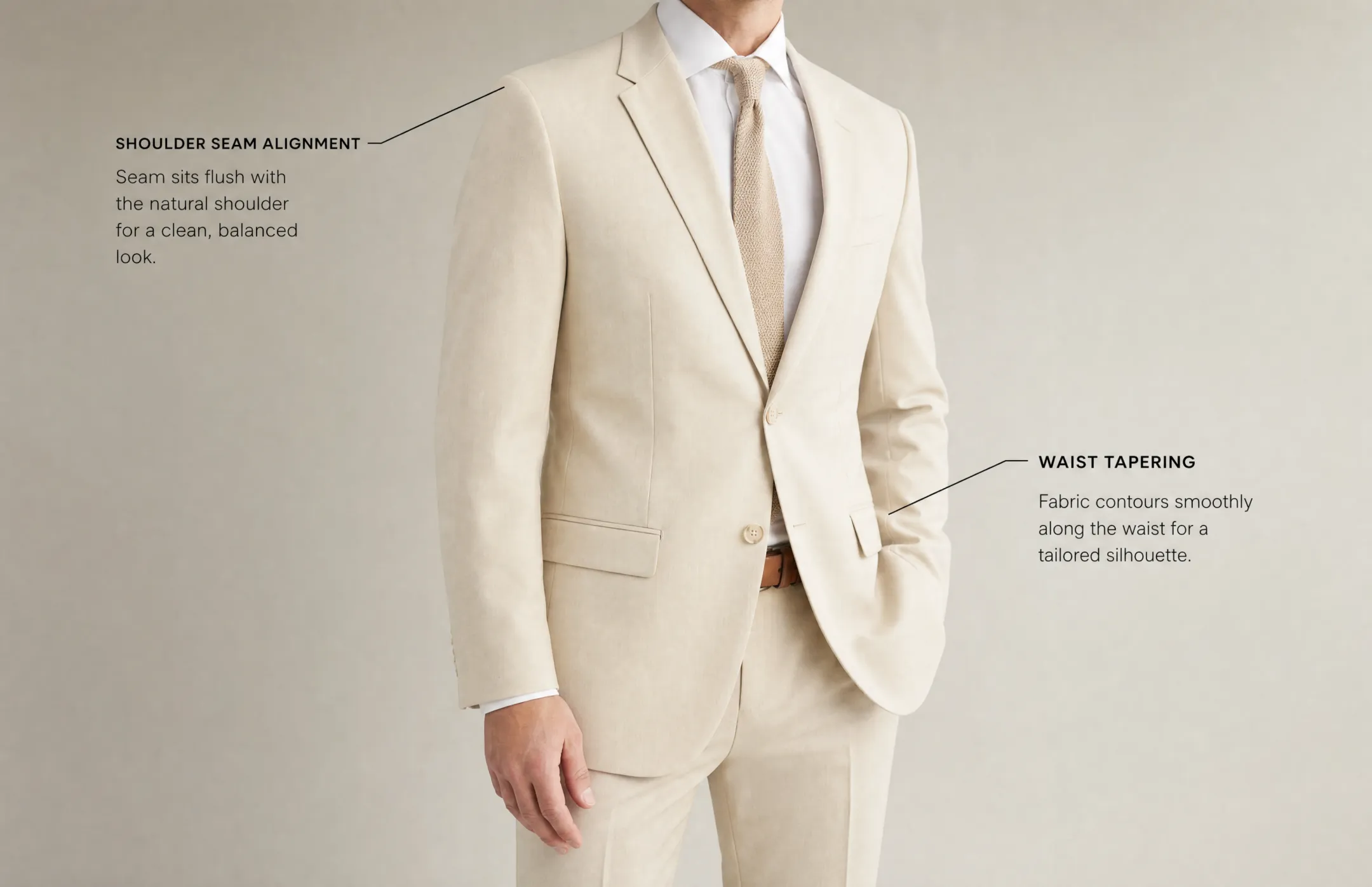 Tailored blazer fitting demonstration showing proper shoulder and waist alignment