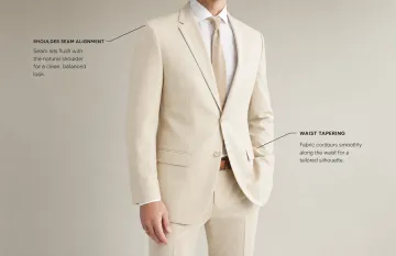 Tailored blazer fitting demonstration showing proper shoulder and waist alignment