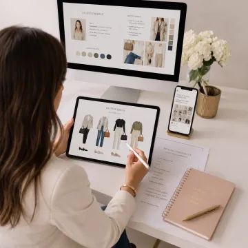 Client comparing personalized clothing colors during virtual styling