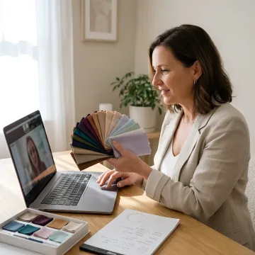 Color consultant comparing fabric swatches during an online session