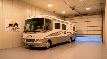 RV parked in enclosed indoor storage facility during Minnesota winter season