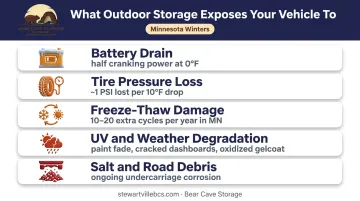 Five outdoor vehicle storage winter risks battery tire freeze-thaw UV salt