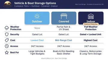 Three-tier vehicle storage comparison chart outdoor covered indoor features