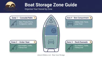 Four-zone boat storage map showing console deck under-seat and bow areas