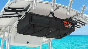 Marine T-top bag mounted on boat frame holding life jackets and gear