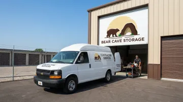 Bear Cave Storage drive-up unit access with contractor van and overhead door