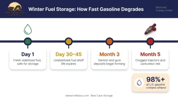 Gasoline shelf life and ethanol degradation timeline infographic for winter storage