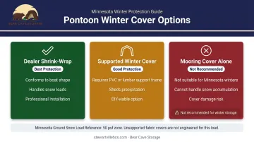 Three pontoon winter cover options comparison shrink-wrap supported cover and mooring cover