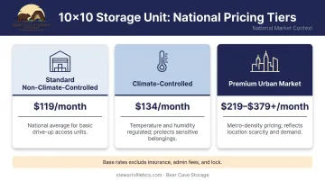 10x10 storage unit monthly cost comparison across three pricing tiers infographic