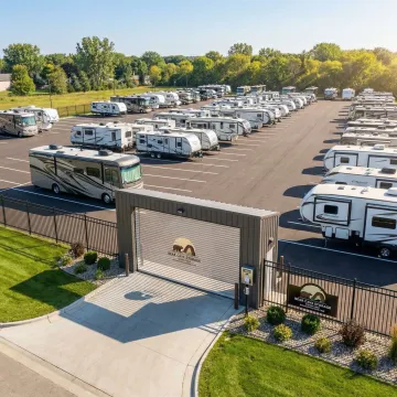 Secure outdoor RV storage facility with covered and uncovered spaces