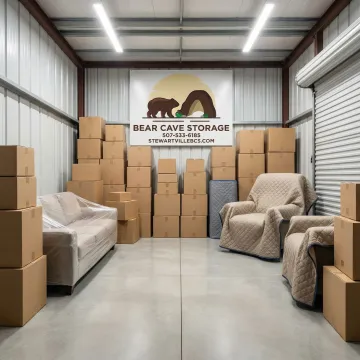 Interior view of clean storage units with organized belongings and good lighting
