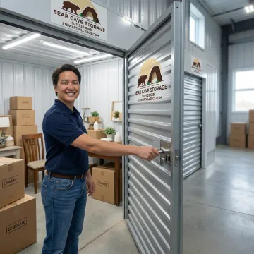 Customer accessing clean, well-lit storage unit with boxes and organized belongings