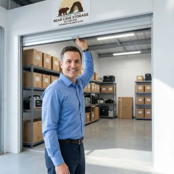 Business owner accessing commercial storage unit with inventory boxes