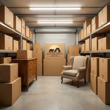 Interior view of clean storage unit with organized boxes and furniture