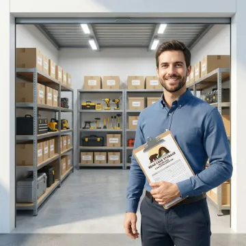 Business owner accessing commercial storage unit with inventory and equipment
