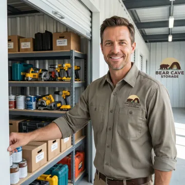 Business owner accessing commercial storage unit with tools and equipment