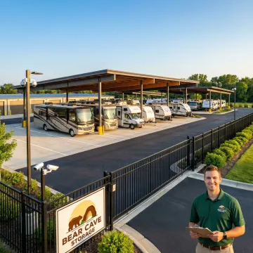 Secure RV storage facility with motorhomes and travel trailers parked in fenced outdoor spaces near Pine Island
