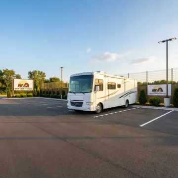 Large motorhome safely parked in spacious outdoor RV storage area with wide drive aisles