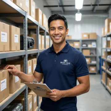 Business owner accessing commercial storage unit with inventory