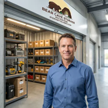 Business owner accessing commercial storage unit with equipment