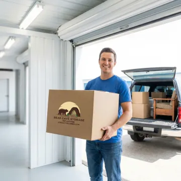 Customer loading belongings into clean storage unit with easy drive-up access
