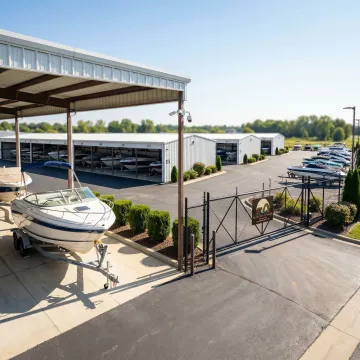 Secure boat storage facility with boats protected under cover near Racine