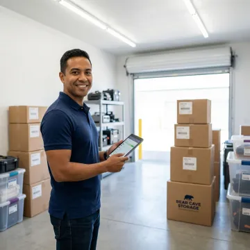 Business owner accessing commercial storage unit with inventory boxes