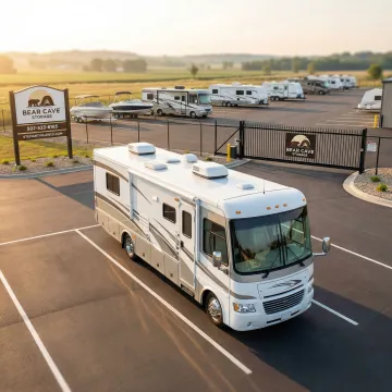 Large motorhome parked in secure outdoor storage facility with fence and security gate