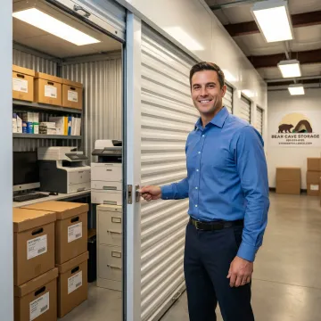 Business owner accessing commercial storage unit with inventory boxes