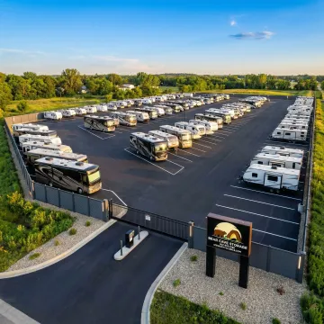 Secure outdoor RV storage facility with motorhomes and travel trailers