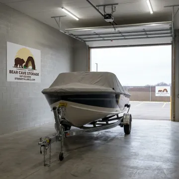 Indoor boat storage unit with trailer access