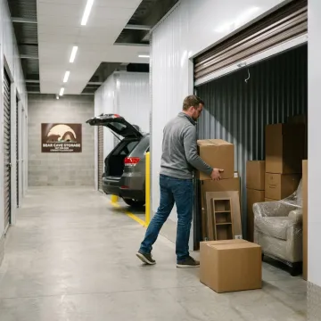 Customer moving items into an indoor storage unit