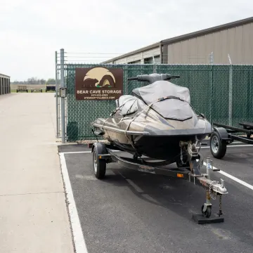 Jet ski stored securely in a storage facility