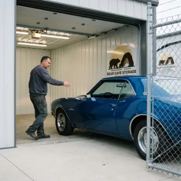 Driver moving a classic car into an indoor storage unit
