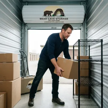 Business owner organizing items inside a secure storage unit