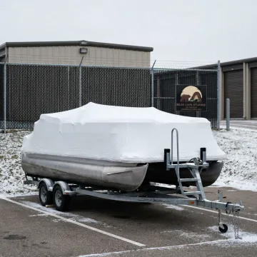Boat stored securely for winter at a storage facility