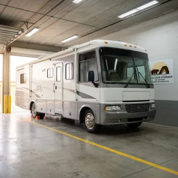 Motorhome parked in enclosed storage unit