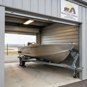 Boat stored inside a secure enclosed storage unit